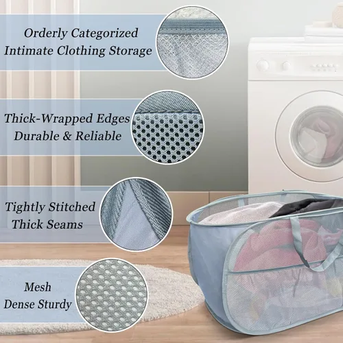 Miniatura 5 de Cestas plegables para la ropa sucia, paquete de 2 cestas de malla desplegable con asas, cesta portátil para escalera, cubo plegable para dormitorio