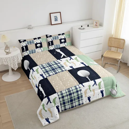 Miniatura 4 de Castle Fairy Juego de edredón de tamaño matrimonial a cuadros de golf, estilo amante de los deportes de pelota, ropa de cama de colección