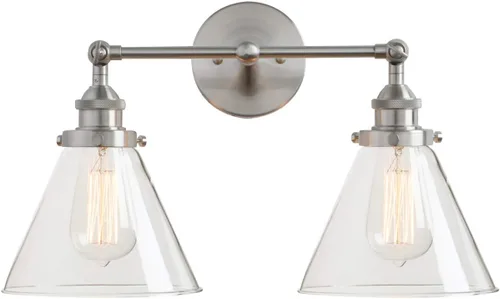 Miniatura 14 de PERMO Aplique doble cromado industrial de 2 luces, apliques de pared con pantalla de vidrio transparente acampanada en forma de embudo, luz