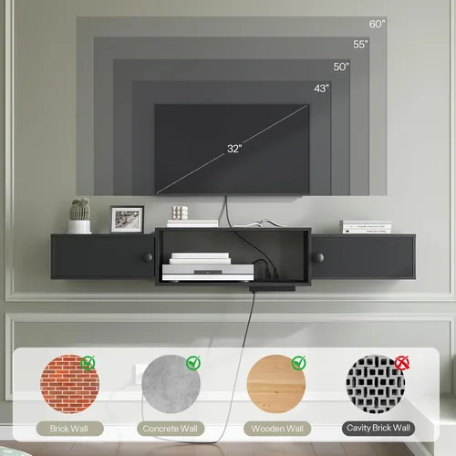 Miniatura 4 de HOOBRO BK11UDS01 - Soporte flotante de 55 pulgadas para TV con tomas de corriente, moderno estante de consola multimedia montado en la pared