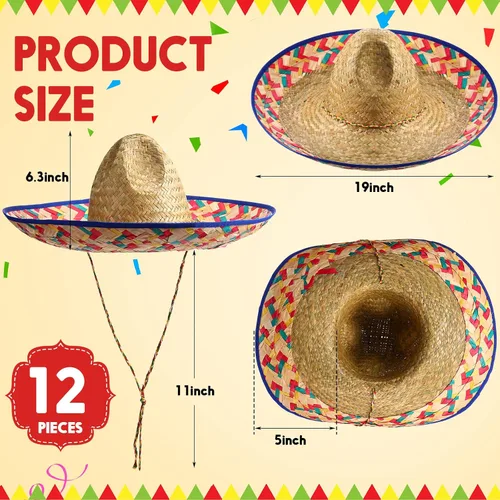Miniatura 2 de Mumufy 12 sombreros para adultos, hombres y mujeres, con sombrero de paja para barbilla, fiesta de disfraces mexicanos (color clásico)