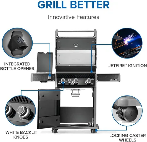 Miniatura 4 de Napoleon Rogue PRO 425 Parrilla de gas propano con quemador lateral infrarrojo, negro, parrilla duradera de 4 quemadores para patio trasero