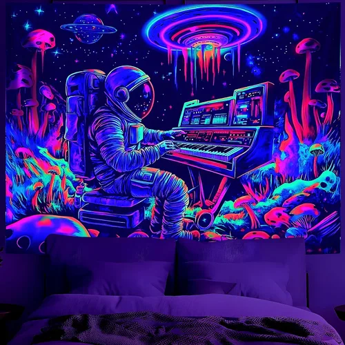 Miniatura 26 de BVBOX Tapiz de astronauta espacial con luz negra, reactivo a los rayos UV, galaxia, planeta que brilla en la oscuridad, póster de luz negra, arte