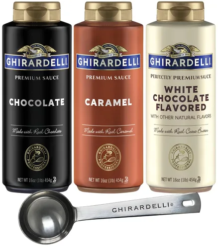 Miniatura 14 de Ghirardelli 1 - Salsas de caramelo y 2 - salsa de caramelo con sal marina, botellas de presión de 16 oz con cuchara barista estampada