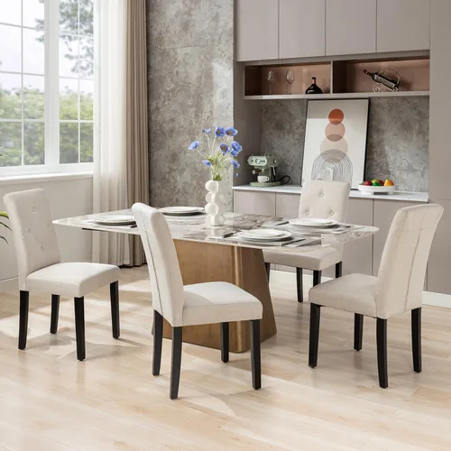 Miniatura 9 de VECELO Juego de 2 sillas de comedor tapizadas, tela moderna y patas de madera maciza y respaldo alto para cocina/sala de estar, color beige