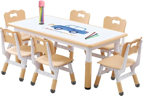Juego de Mesa y Silla para Niños Ajustable en Altura para Niños Pequeños y Juego de 6 Sillas con Escritorio a Prueba de Grafiti, Patas