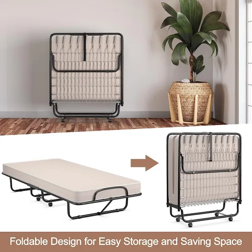 Miniatura 7 de HAPPYGRILL Cama enrollable, cama plegable con colchón de espuma viscoelástica de 5 pulgadas, marco de acero resistente, 4 ruedas universales, cama