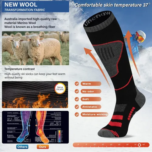 Miniatura 2 de Calcetines de esquí de lana merina, 2 pares, calcetines térmicos hasta la rodilla para snowboard, senderismo, clima frío, nieve, caza