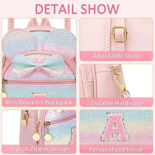 Miniatura 4 de KKXIU Mochilas Mini con Moño Inicial para Niñas y Mujeres, Linda Mochila Pequeña con Asa de Bolso, Regalos Personalizados para Niños, Arcoíris