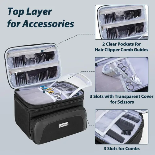 Miniatura 2 de CURMIO Estuche de transporte de viaje para cortapelos, suministros de peluquería de doble capa, bolsa de almacenamiento compatible
