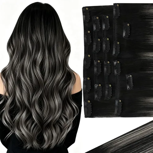 Miniatura 14 de Ve Sunny Extensiones de cabello clip-in de cabello humano real con reflejos, extensiones de cabello con clip para cabello corto, marrón oscuro