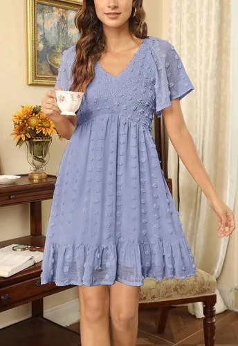 Miniatura 3 de Annebouti Vestido corto de verano para mujer, manga corta, cuello en V, volantes, floral, lunares suizos, fruncido