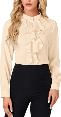Miniatura 15 de LYANER - Blusa de cuello alto con botones, volantes en el frente, manga larga, camisa de trabajo para mujer