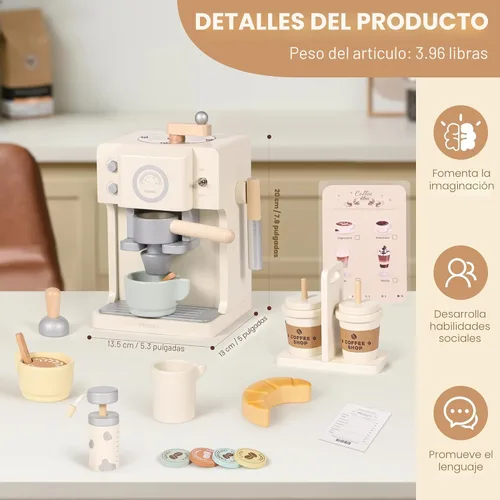 Miniatura 3 de Pithfor - Juego de simulación de café de madera para niños con molinillo, juguete de cafetera para niños y niñas, accesorios y electrodomésticos
