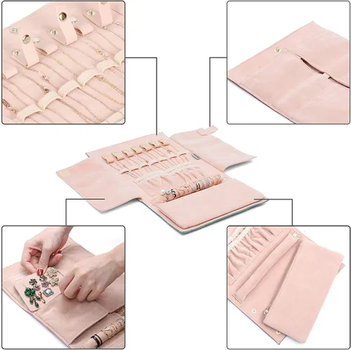 Miniatura 4 de Becko - Organizador de joyas para múltiples collares anillos pulseras de piel flexible y gamuza gran capacidad sin arrugas ligero portátil