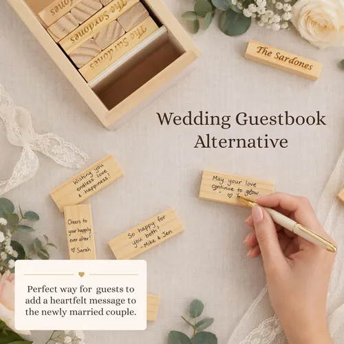 Miniatura 7 de WE Games Alternativa de libro de invitados de boda personalizado, caja de recuerdos de madera, 54 bloques, grabado personalizado
