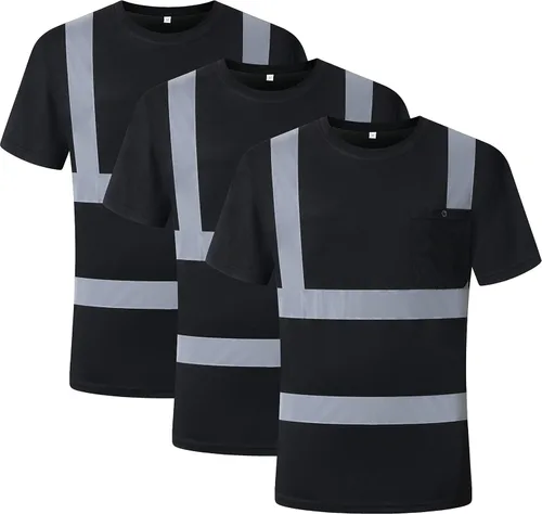JKSafety Paquete de 3 prendas de seguridad reflectantes de alta visibilidad | Camiseta de trabajo diario color negro con tiras retro-reflectantes