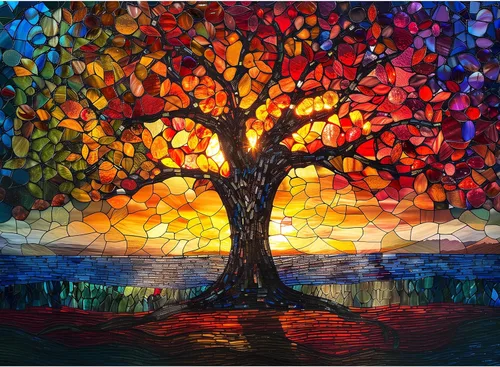 Rompecabezas de Vidrio Emplomado, Rompecabezas de Árbol de Vidrio para Adultos 300 Piezas, Rompecabezas del Árbol de la Vida de Vidrio Emplomado 300