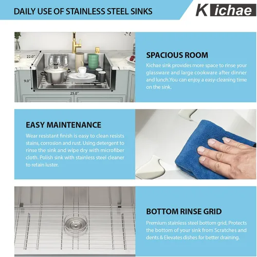 Miniatura 4 de Kichae - Fregadero de cocina de 25 pulgadas de caída, fregadero de cocina de acero inoxidable de 25x22, calibre 16, fregadero de cocina de un solo