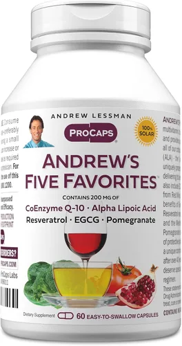 Miniatura 10 de ANDREW LESSMAN Andrew's Five Favorites 30 cápsulas – Proporciona 200 mg cada una de coenzima Q-10, resveratrol, EGCG, granada y ácido alfa lipoico