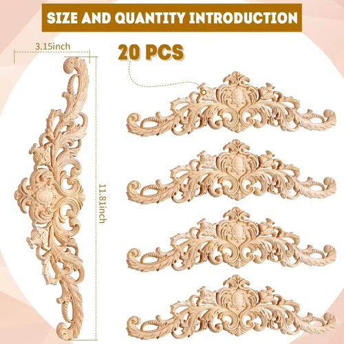 Miniatura 3 de 20 piezas de apliques largos de madera tallada Onlays para muebles tallados, calcomanías decorativas de tallado de madera para pared, puerta