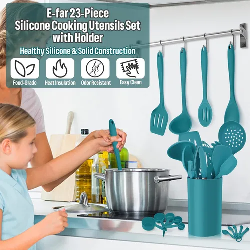Miniatura 6 de Juego de utensilios de cocina de silicona, E-far 23 piezas de utensilios de cocina azules con soporte para utensilios de cocina antiadherentes
