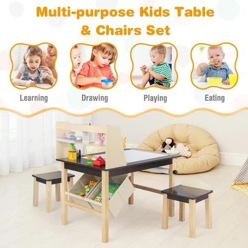 Miniatura 7 de Costzon Juego de mesa y silla de arte para niños, mesa de actividades de madera y 2 taburetes con rollo de papel, 2 marcadores, 2 cubos