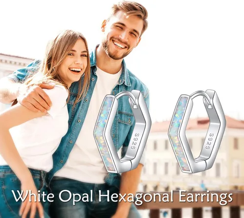 Miniatura 6 de Aretes de ópalo de plata de ley 925 geométrica hexagonalestrellaclip de papel, aretes de aro blanco ópaloconcha de abulón, regalo para mujeres