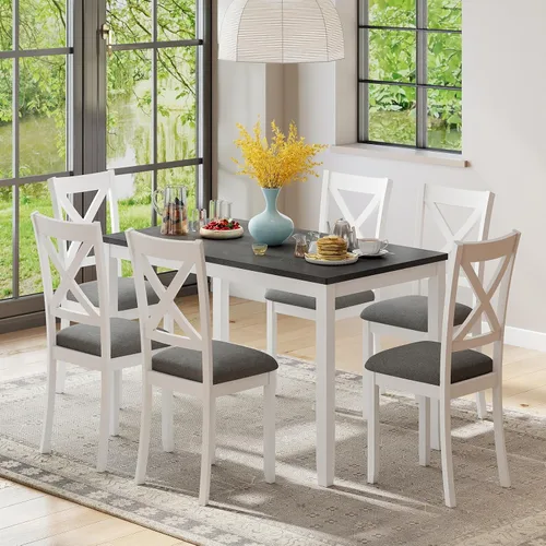 Miniatura 12 de Zevemomo Juego de mesa de comedor de madera maciza de 6 piezas, incluye 1 mesa de comedor, 4 sillas tapizadas y 1 banco, juego de mesa de comedor