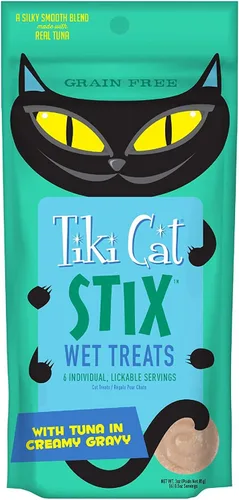 Miniatura 2 de Tiki Cat Stix - Golosinas húmedas Tiki Cat Stix sin granos, mezcla suave y sedosa en salsa cremosa de atún y pollo, con 10 toallitas para mascotas