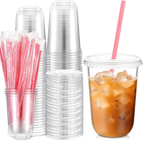 Miniatura 10 de Ziliny 50 Juegos de Vasos de Plástico Transparente con Pajitas y Tapas Rosas en Forma de Corazón, Vasos Desechables para Café Helado Drinking Pet