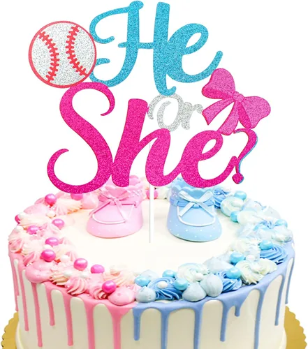 Él or She Gender Reveal Cake Topper - Decoración para pastel de béisbol o lazos para niño o niña, suministros de anuncio de embarazo azul o rosa