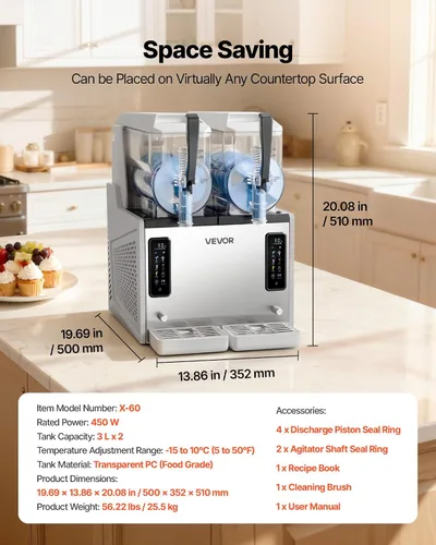 Miniatura 7 de VEVOR Máquina de granizado de 3 litros/100 onzas x 2 tanques para el hogar, no necesita hielo, fabricante de margaritas con autolimpieza