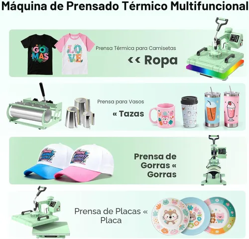 Miniatura 6 de Slendor Máquina de prensa de calor 8 en 1 de 15 x 15 pulgadas, máquina de prensado digital de camisetas de 360 grados, multifunción por Verde