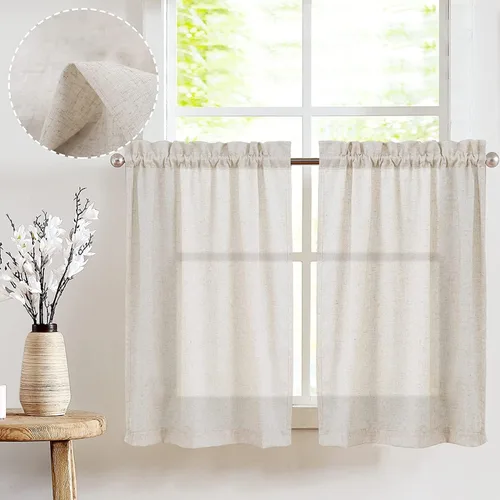 JINCHAN Cortinas de lino color crudo para cocina, cortinas de estilo rústico de campo, con bolsillo para varilla, para ventana pequeña, baño,