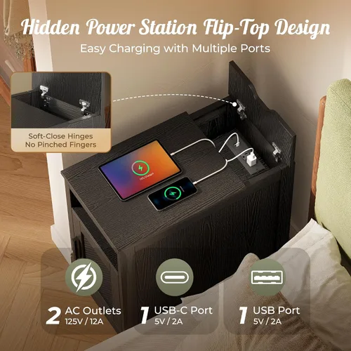 Miniatura 4 de Huuger Mesita de noche estrecha, mesa auxiliar con estación de carga, puerto USB-C, mesa auxiliar de ratán con gabinete y estante abierto, ratán