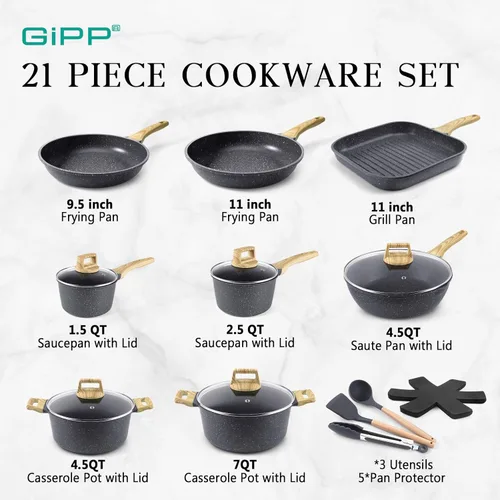 Miniatura 2 de GiPP Juego de ollas y sartenes antiadherentes, juego de utensilios de cocina de cerámica gris, utensilios de cocina de inducción antiadherentes