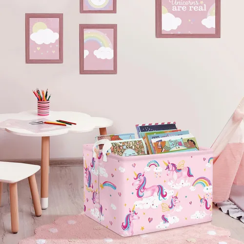 Miniatura 2 de Clastyle Adorable cesta de estante de unicornios rosados para niños, diseño de nube, corazón, arco iris, cesta de regalo rectangular para ropa