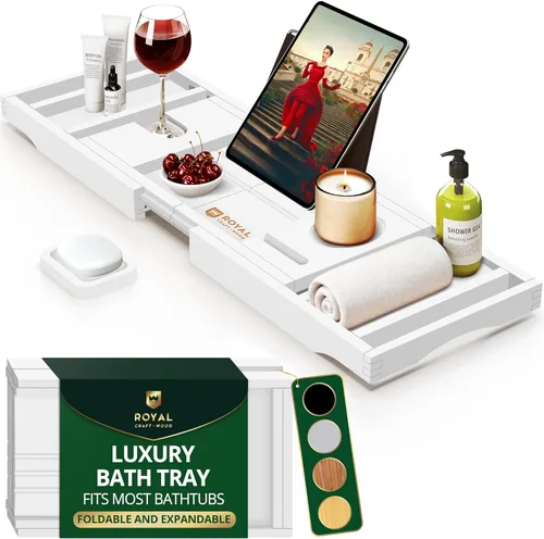 Miniatura 13 de ROYAL CRAFT WOOD Bandeja de Caddy para Bañera de Bambú, Estante de Baño Premium Plegable de Madera, Mesa de Baño de Bañera Extensible y Accesorios