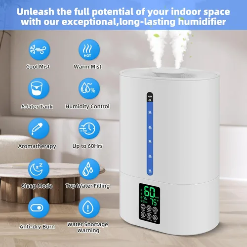 Miniatura 4 de Humidificadores de 6 L para dormitorio, habitación grande, hogar, humidificador fresco y cálido para bebés y plantas, humidificadores de escritorio
