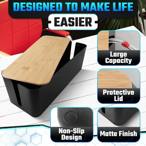 Miniatura 4 de Juego de 2 cajas organizadoras de cables para ocultar cables y regletas con clips, lazos y fundas reutilizables, diseño funcional, moderno, tamaños