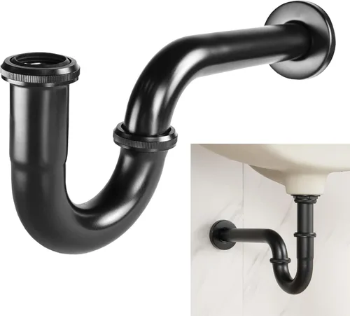 Trampa P de acero inoxidable – Trampa para lavabo de baño de 1 1/4 pulgadas con arandela reductora, negro mate