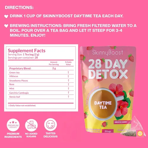 Miniatura 2 de SkinnyBoost - Kit de té desintoxicante de 2 paquetes – 1 de día HIBISCO (28 bolsas) + 1 de noche MANZANA CANELA (14 bolsas) – Desintoxicación herbal