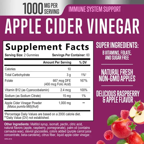 Miniatura 2 de Gomitas de vinagre de sidra de manzana, 1000 mg por porción, suplemento de vitaminas ACV de máxima fuerza sin azúcar, fórmula avanzada, vitamina B12