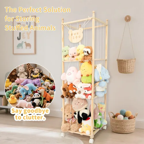 Miniatura 5 de Organizador de zoológico de almacenamiento de animales de peluche, soporte alto de torre de madera para juguetes de peluche grandes, exhibición