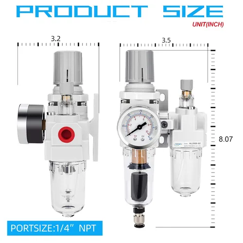 Miniatura 3 de NANPU 1" NPT Filtro de aire comprimido, regulador y lubricador (FRL) Combo - Separador de trampa de agua/aceite - Calibrador (0-150 psi), elemento