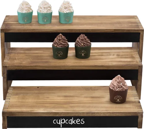 Miniatura 4 de MyGift Soportes elevadores rústicos de madera quemada de 21 pulgadas para tartas/postres con paneles de pizarra