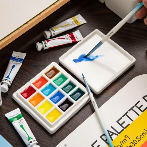 Miniatura 7 de MEEDEN Paquete de 3 paletas de cerámica con cubierta, paleta de pintura para mezcla de colores de gouache de acuarela, paleta de porcelana blanca