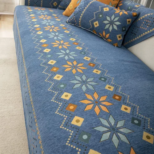 Miniatura 4 de Funda de sofá de chenilla para sofá modular, diseño geométrico bohemio y jacquard antideslizante, protector de muebles para niños, perros y Azul