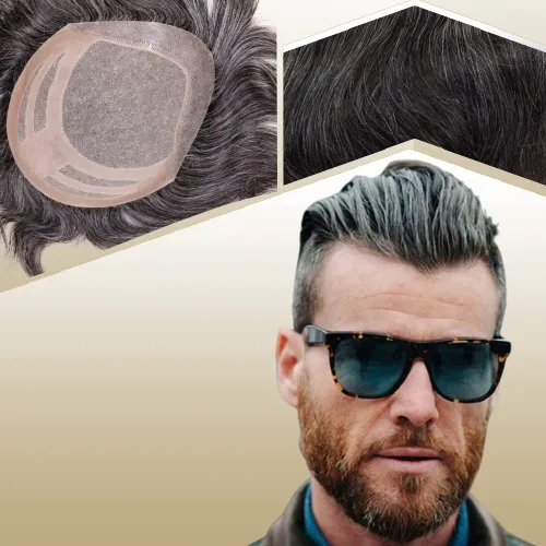 Miniatura 21 de Sistema de reemplazo de cabello humano para hombre, tupé para hombre, piel fina con parte superior de encaje mono y la parte trasera de poliuretano